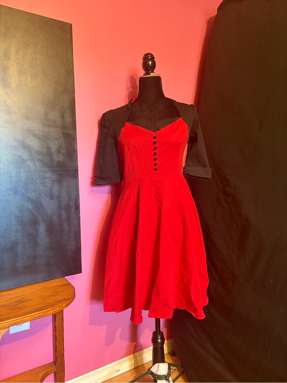 Red Sweetheart Midi Dress with Button Detail
